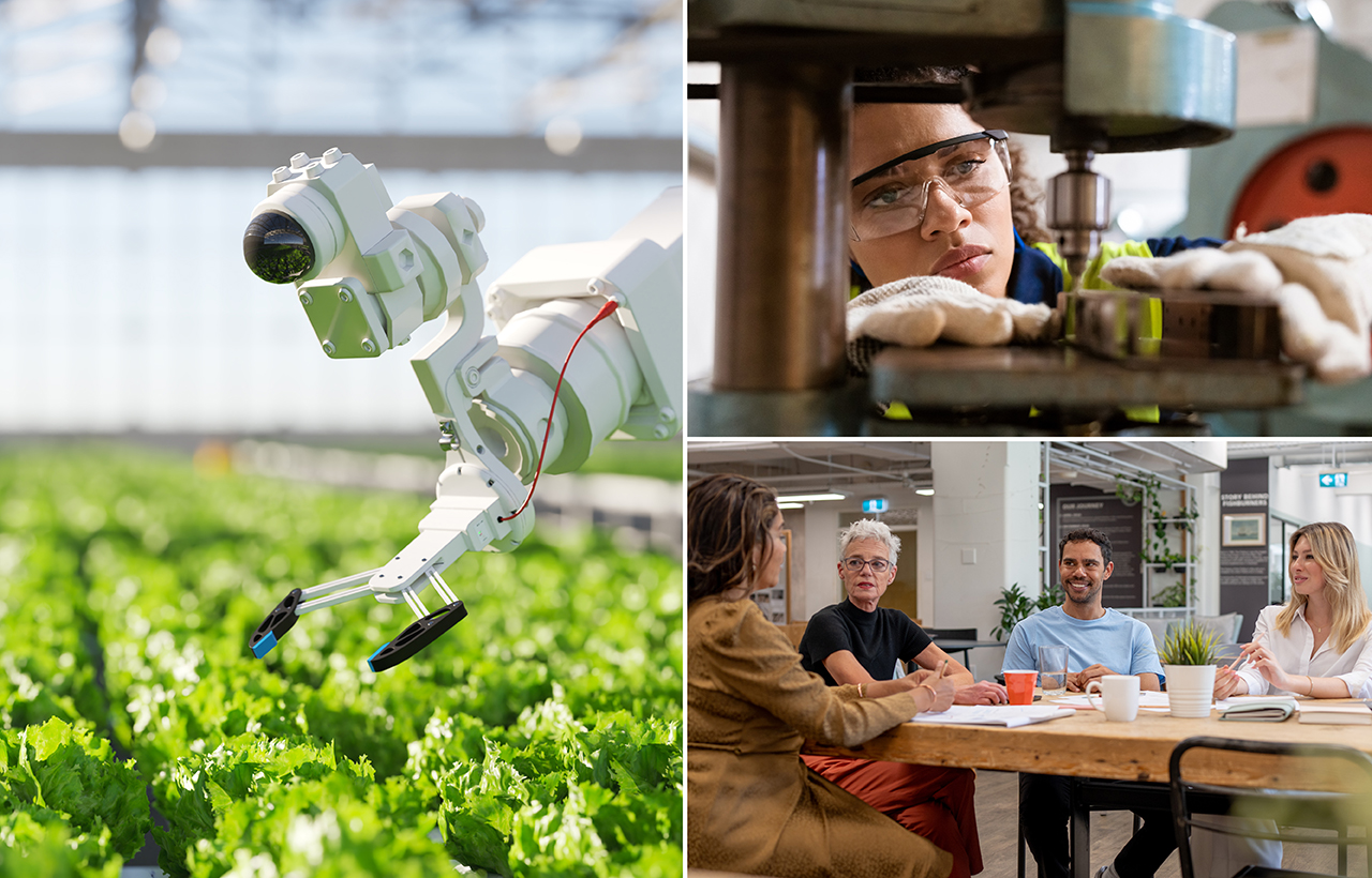 Robot fertilizing plants in a greenhouse, scientist using scientific equipment and hour people sitting around a meeting table.
